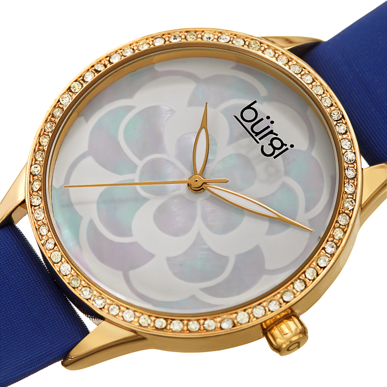 Women’s Burgi BUR203BU Swarovski Floral Gold Tone Dial Blue Leather Strap Watch