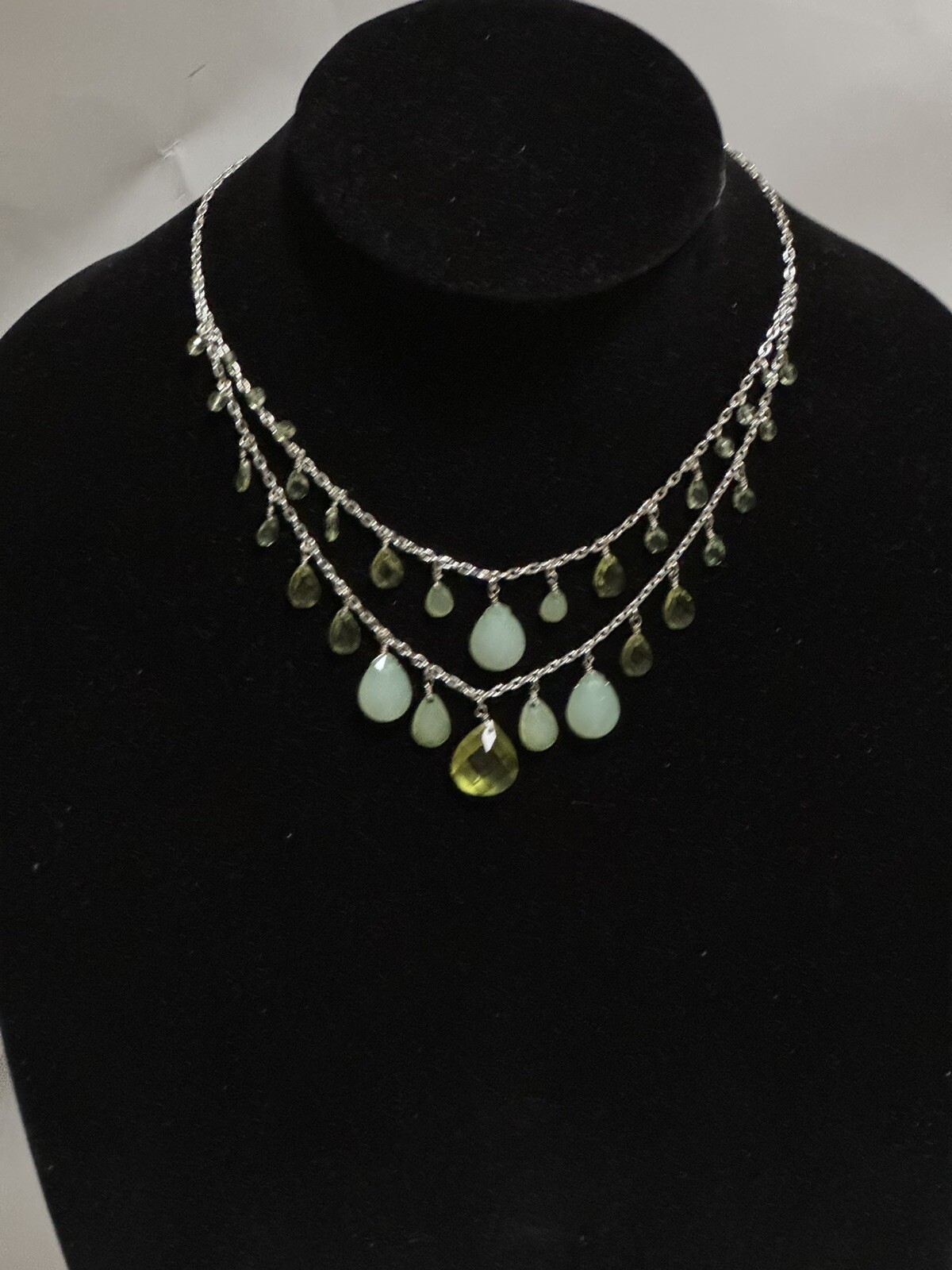 Layered Teardrop Statement Green Necklace Silver Tone with Faux Stones Beads
