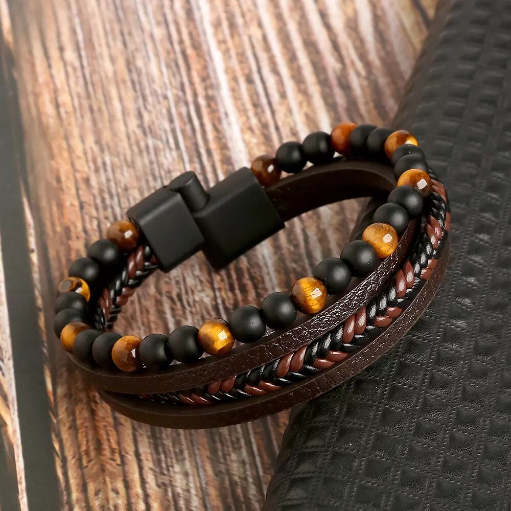 Men’s Layered Braided Leather Beaded Bracelet With Tiger Eye Natural Stone US
