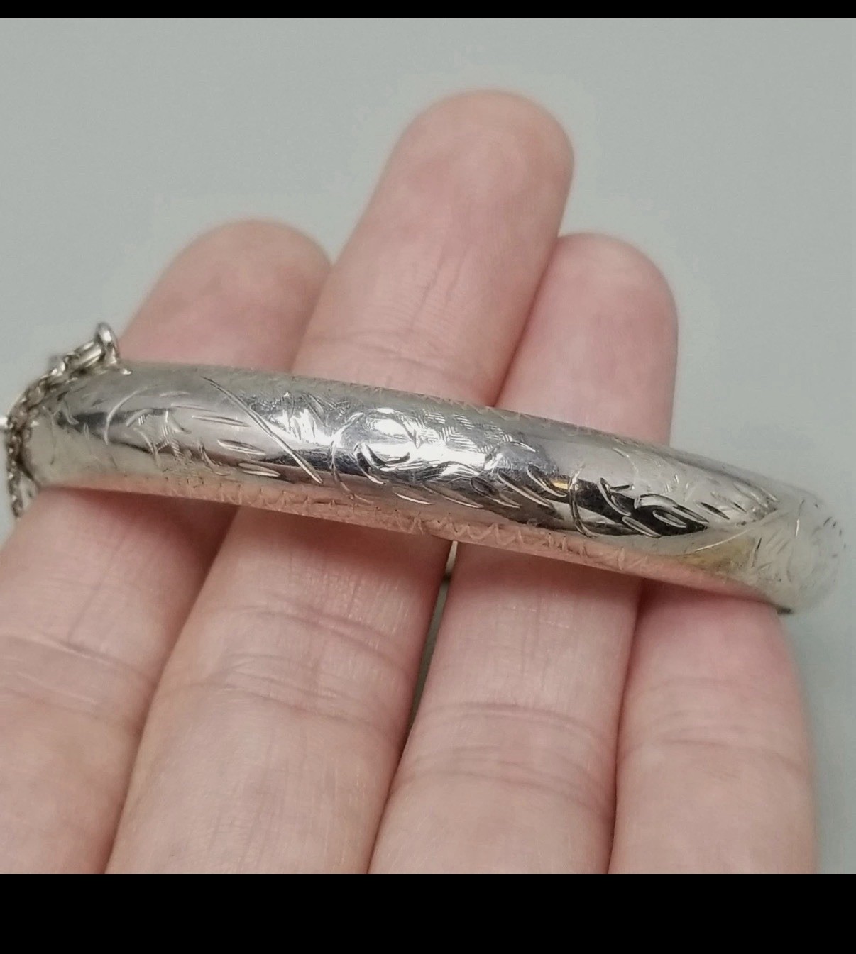 Sterling Silver 925 Hinged Bangle Bracelet, Engraved, Safety Chain Cable
