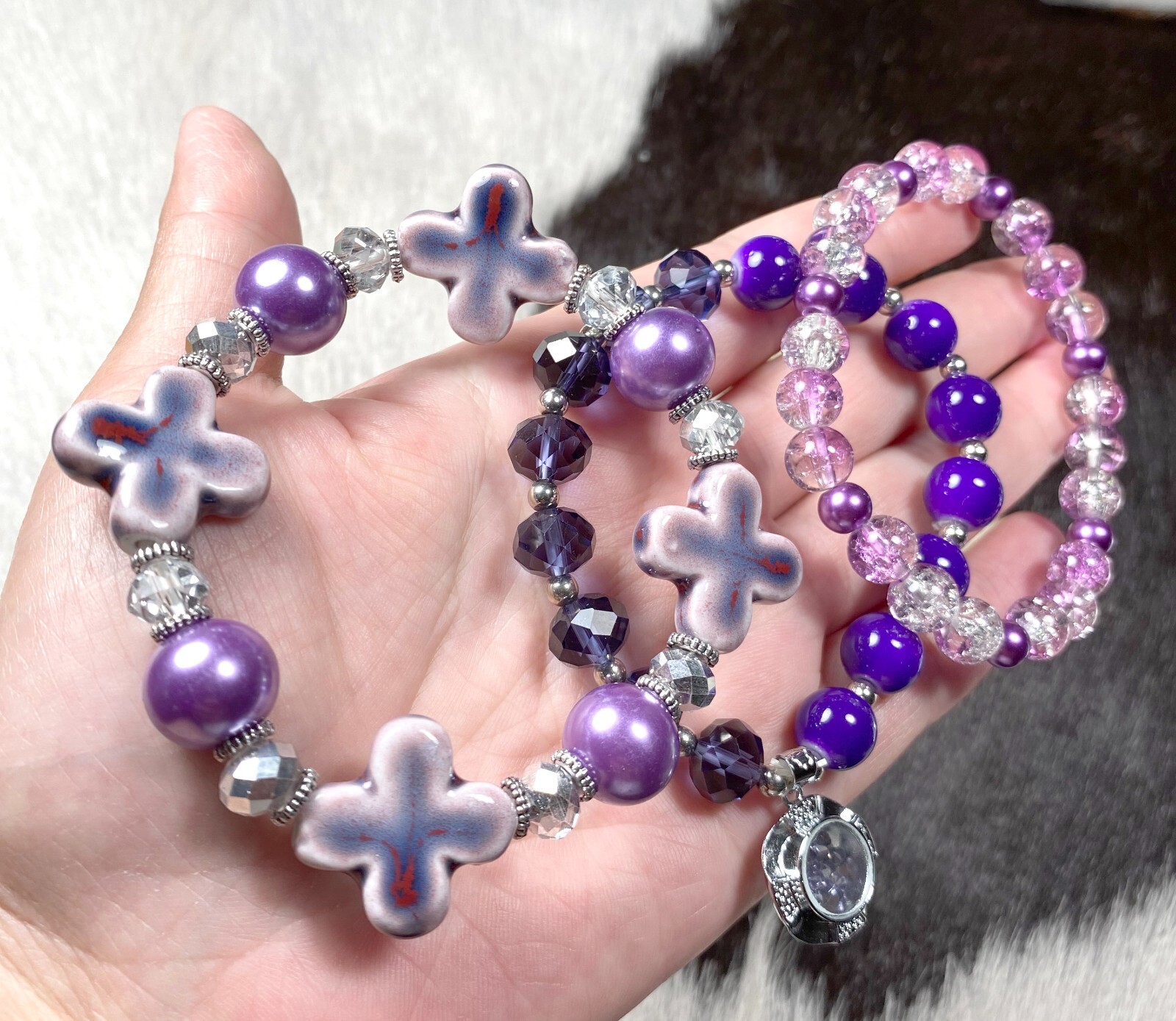 Stackable Beaded Bracelets PURPLE crystal charms Beaded Stretch Bracelet 3 pcs