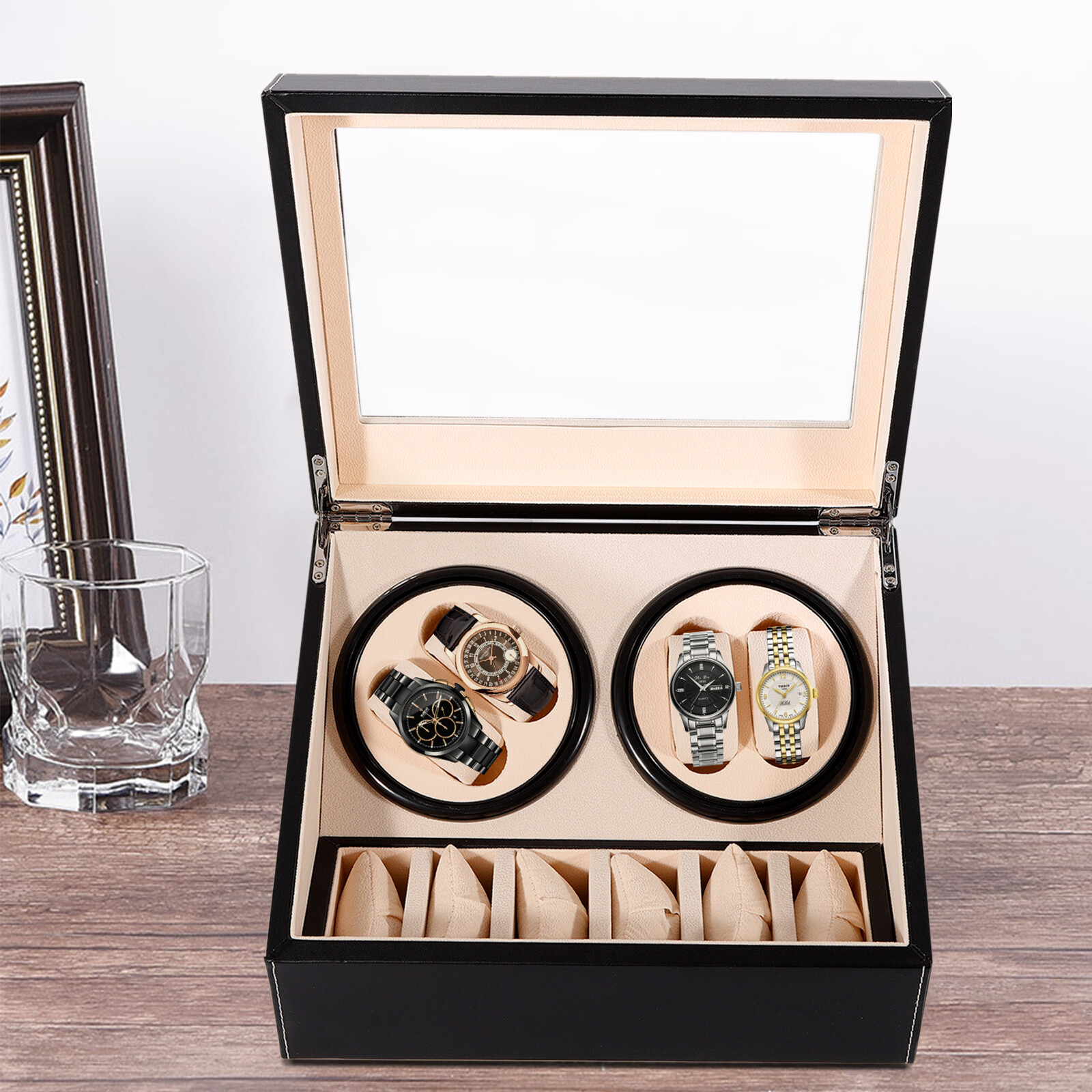 4+6 Automatic Rotation Watch Winder Display Case Wooden Storage Box US