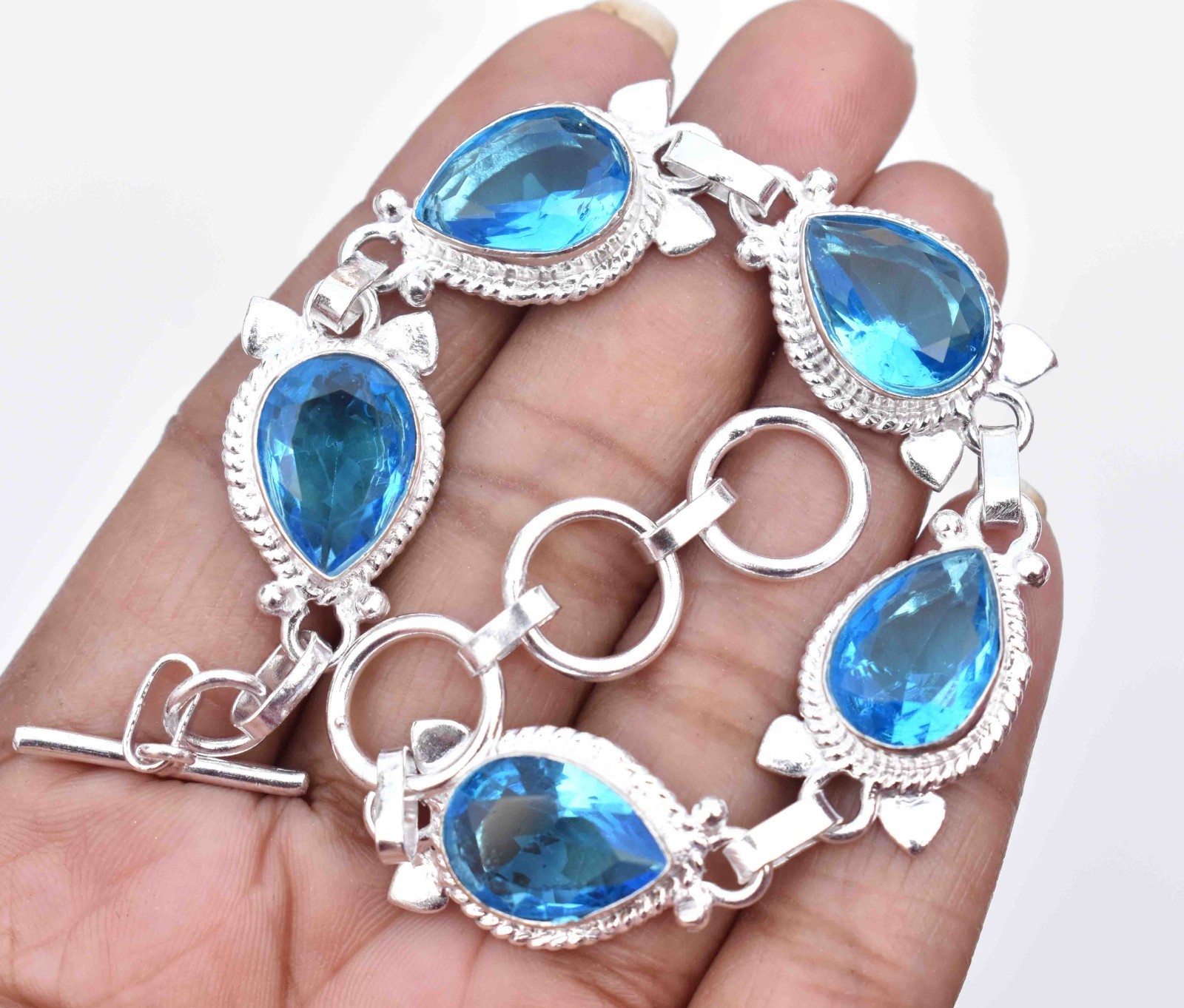 Natural Swiss Blue Topaz Teardrop Bracelet Sterling Silver Woman Unique Jewelry”