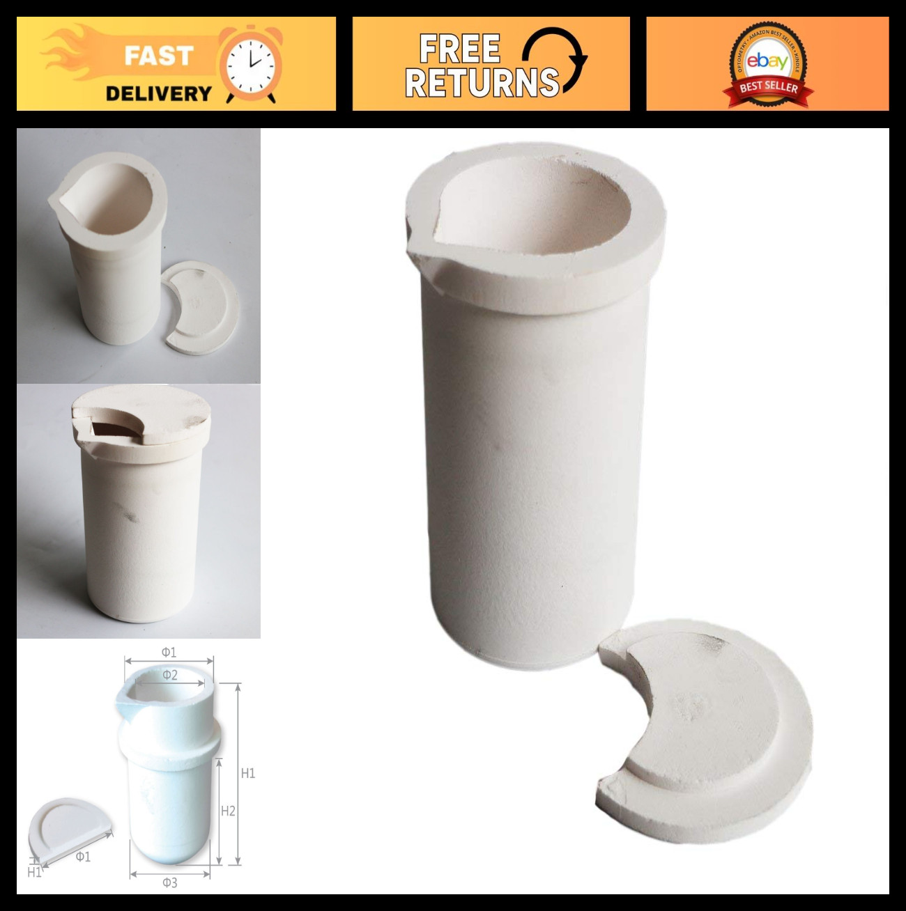 Ceramic Melting Crucible Cup 1kg/2kg/3kg with Cover for Gold Silver Copper Casti