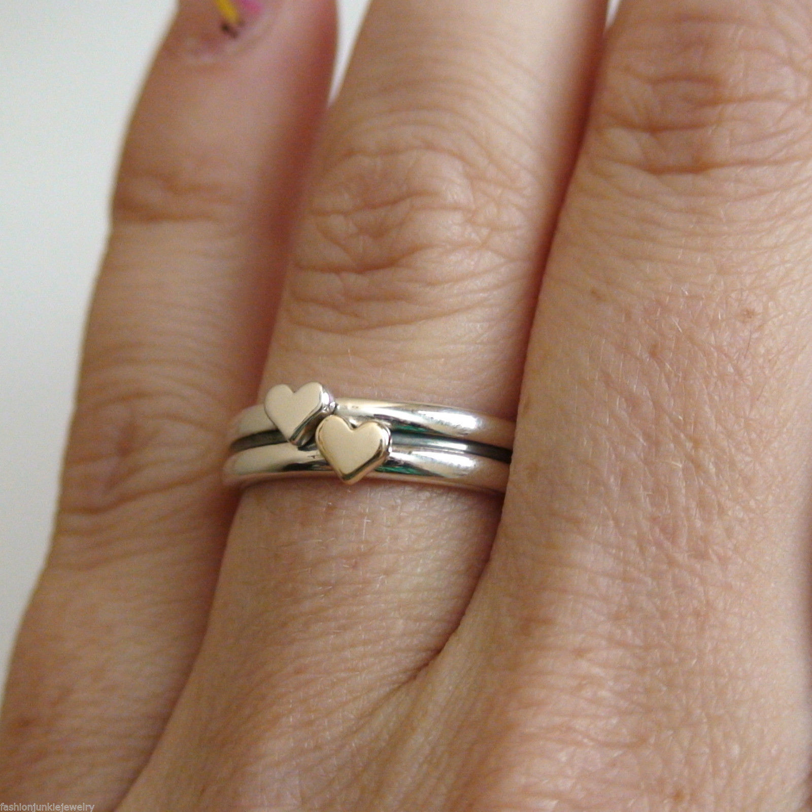 Two Hearts Ring – 925 Sterling Silver & 14K Gold Heart – Multiple Sizes Gift NEW