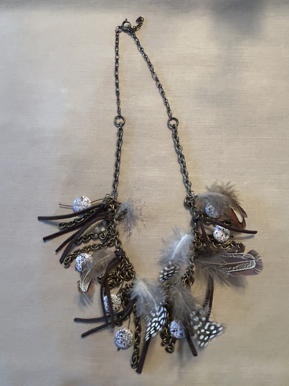 Boho Feather Stone Necklace Bronze Tone Chain Gold Tone Dangle Feather Earrings