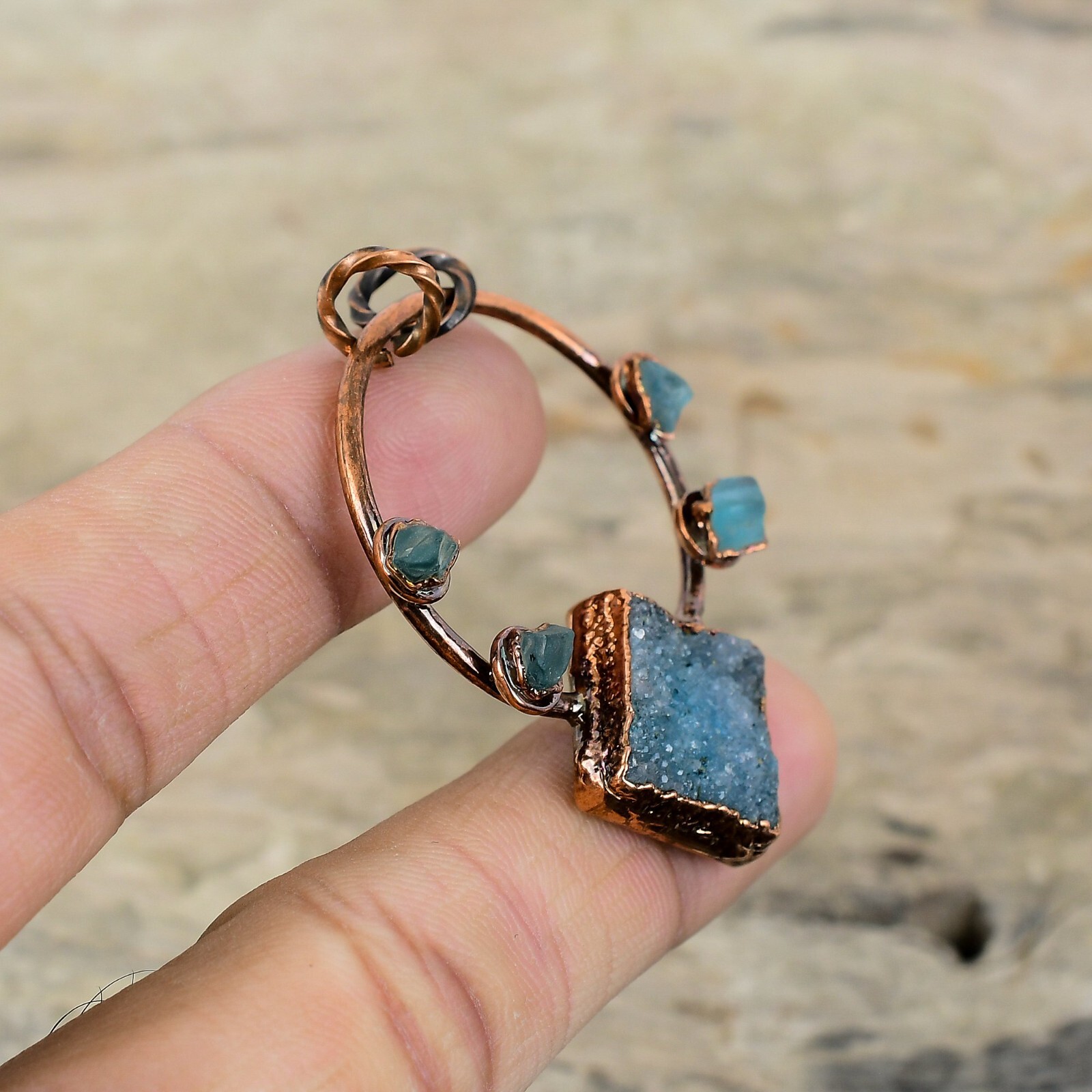 Blue Druzy Gemstone Neon Apatite Rough Copper Electroformed Wife Pendant Jewelry