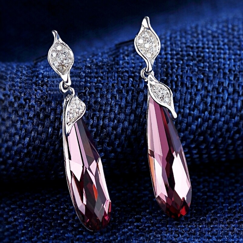 S925 Sterling Silver Made With SWAROVSKI Crystal Long Oval Amethyst Earrings