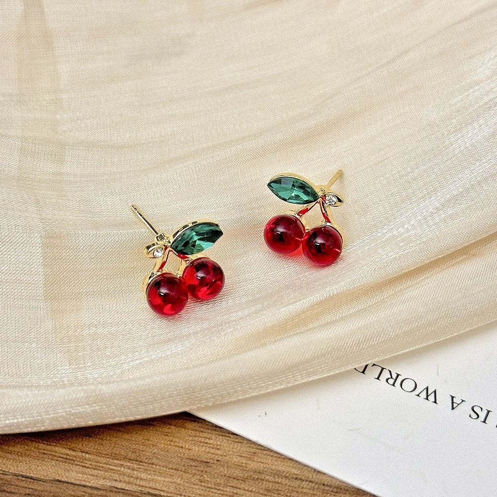Red Cherry Stud Earrings Green Leaf Gold Tone – Dainty Fruit Studs S925 Post