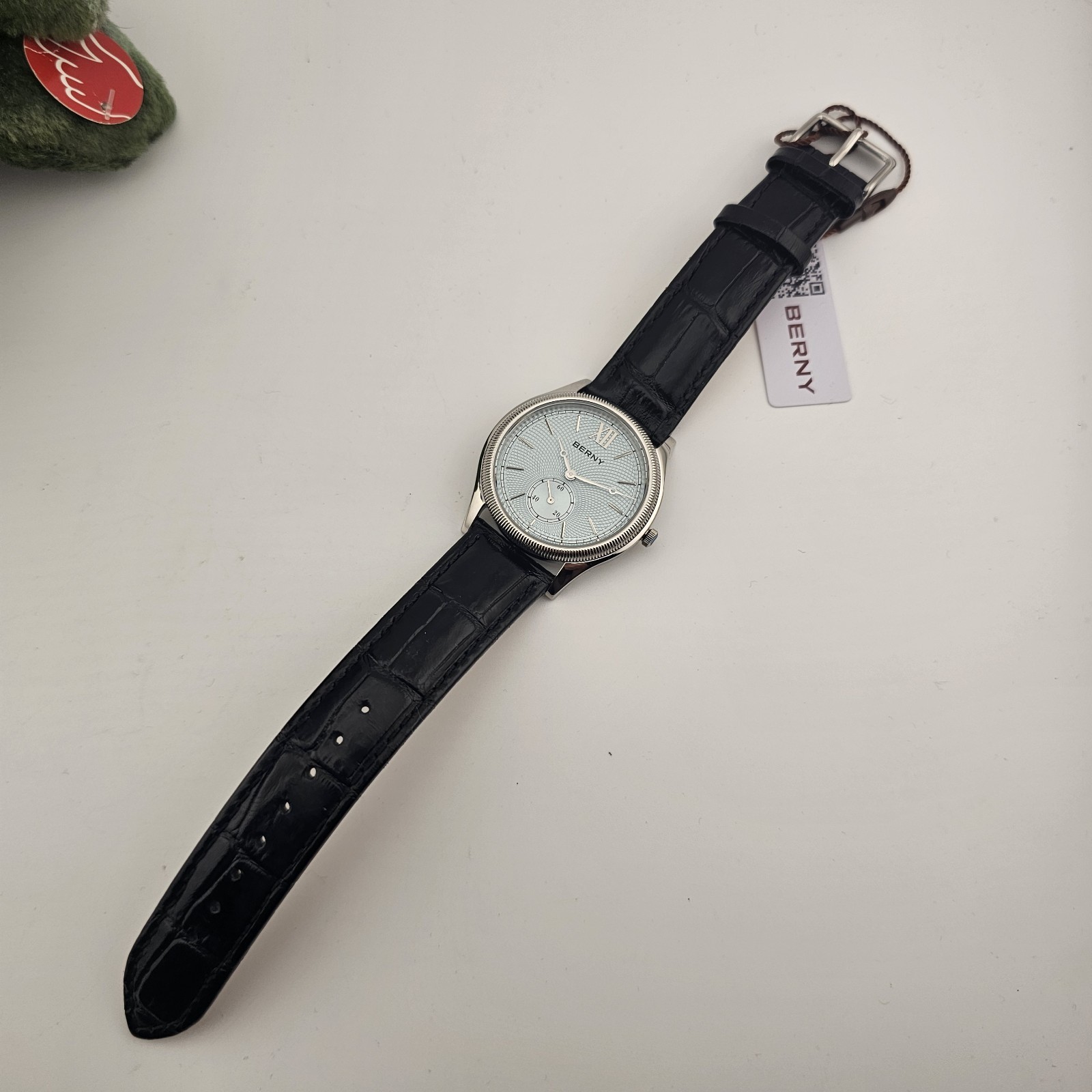 USA Seller-BERNY Ice Blue Guilloché Dial Dress Watch – Fluted Bezel, Quartz.
