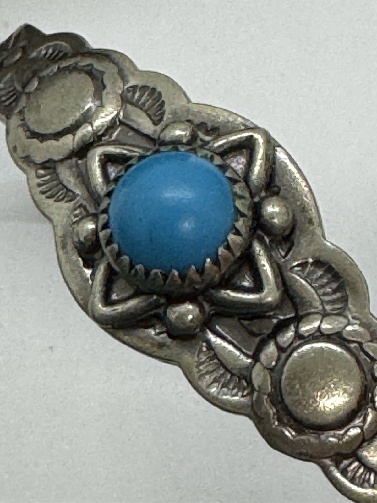 Vintage Navajo Turquoise Nickle Silver Cuff Bracelet Signed Bell Small 4 3/4″