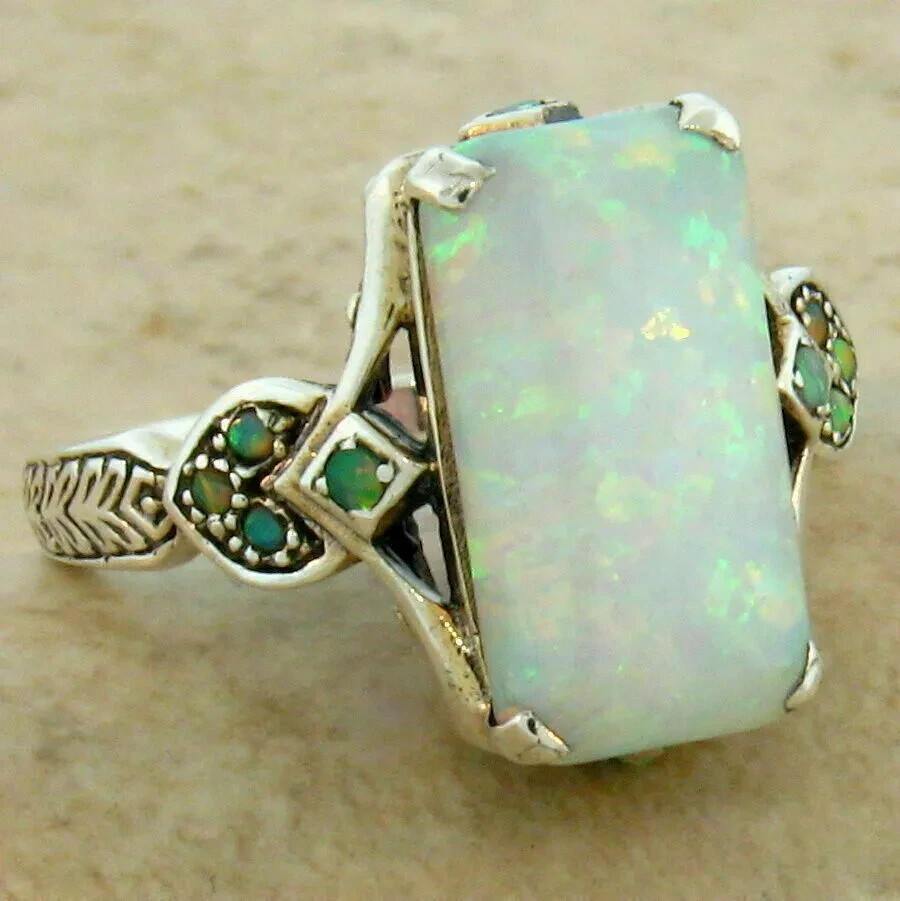 3Ct Emerald Cut Opal Antique Victorian Engagement Ring 14K White Gold Finish