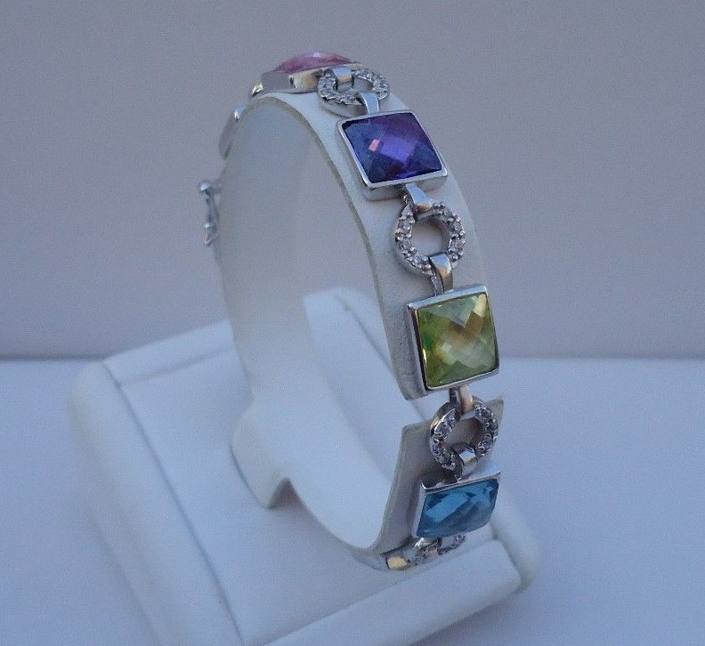 STERLING SILVER BRACELET 28ct MULTI-COLOR GEMSTONES/ LAB CREATED DIAMOND/ 7.5”