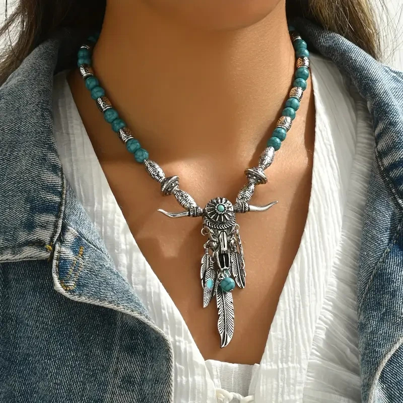 Elegant Boho 925 Sterling Silver Cowboy Cowgirl Turquoise Pendant Necklace
