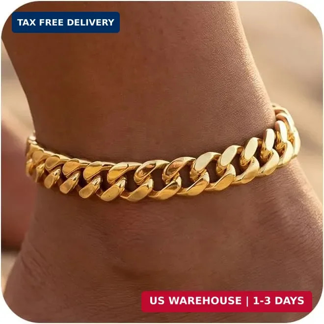 Chunky Cuban Link Ankle Bracelets for Women Waterproof, 18K Gold/Silver Plated A
