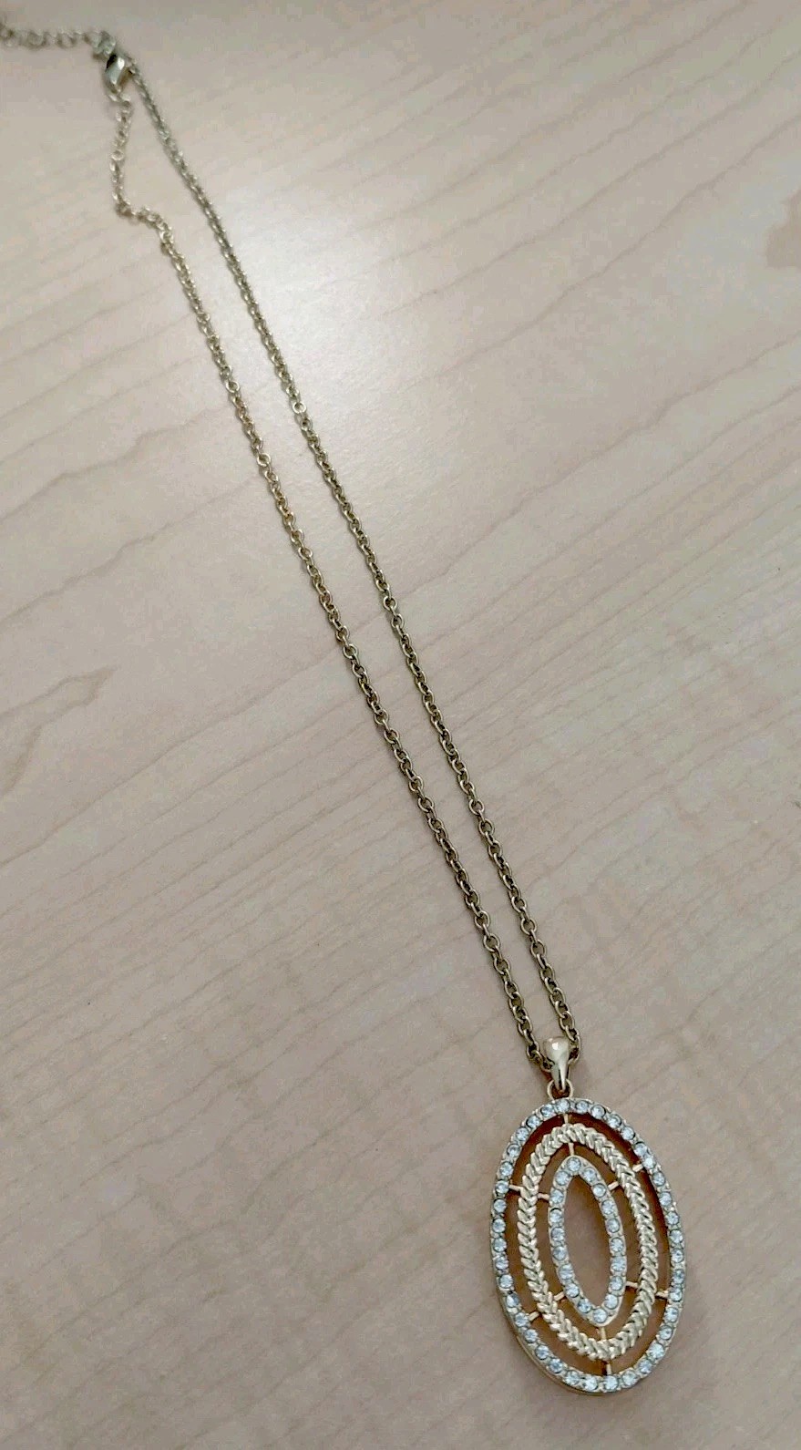Gold Tone Oval Pendant Necklace _ Clear Rhinestone Accents _ None Missing