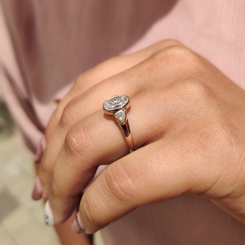 Oval Cut Lab Grown Diamond Three Stone Ring Full Bezel Set Engagement Ring IGI