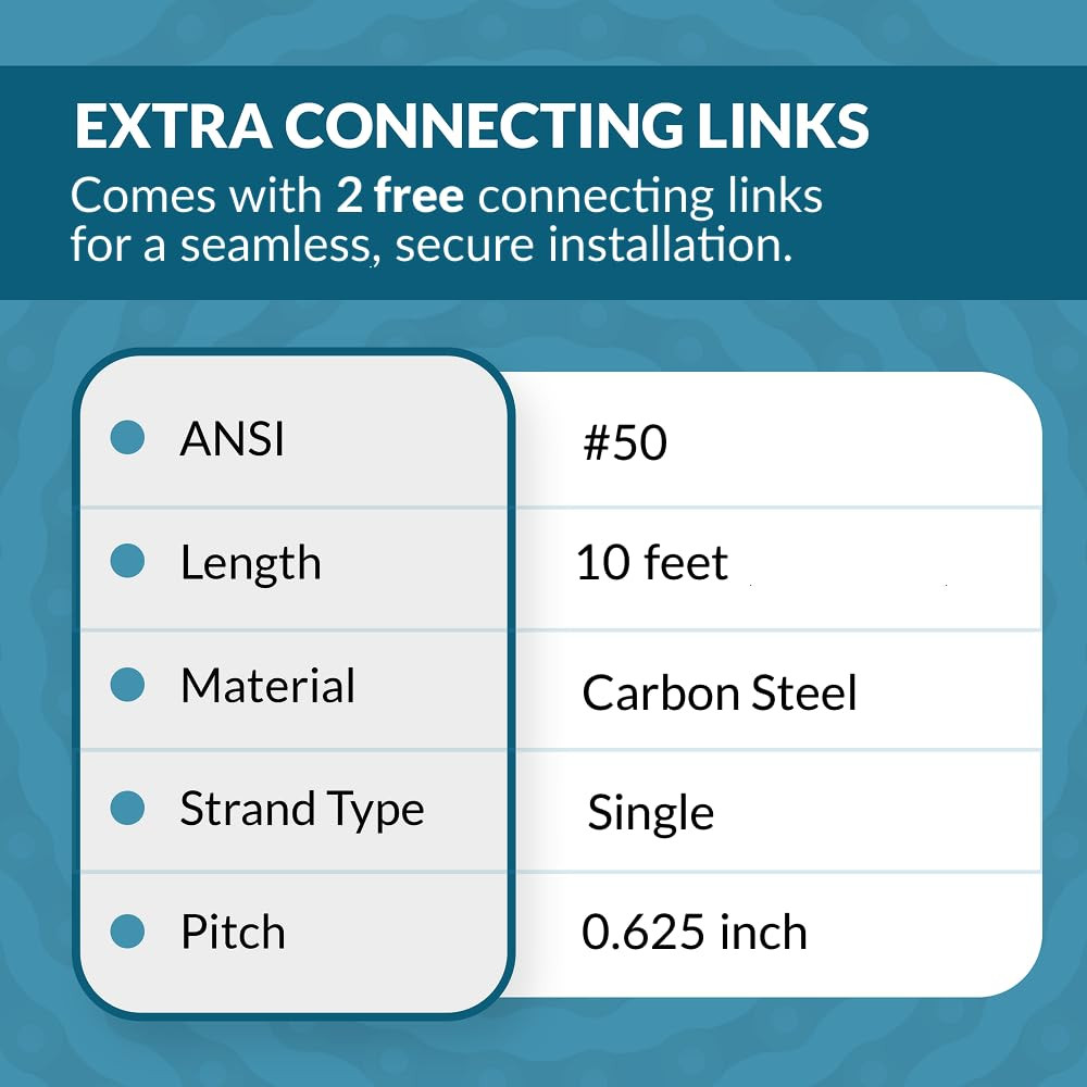 #50 Roller Chain, 10 Feet + 2 Free Connecting Links, 191 Links