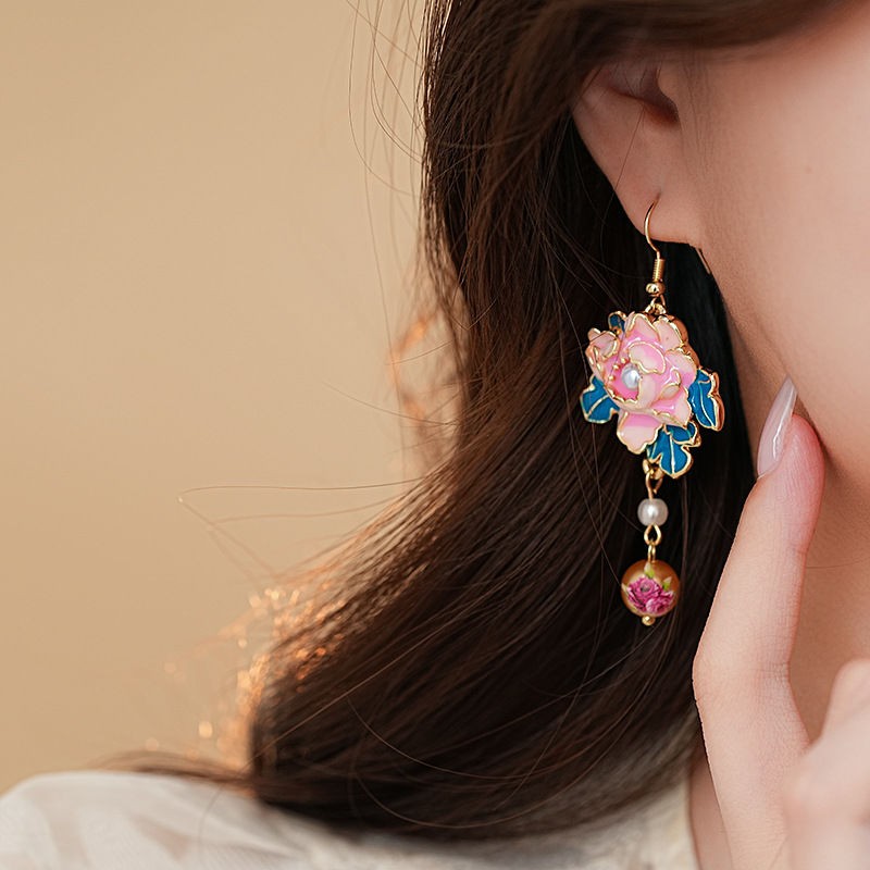 New Chinese Enamel Painted Flower Pearl Tassel Earrings