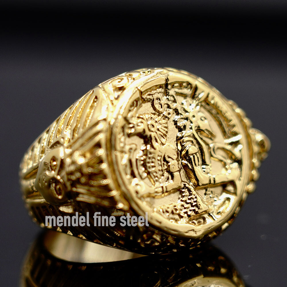 MENDEL Gold Plated Mens Hip Hop Egyptian Pharaoh King Tut Eye Of Horus Ring Men