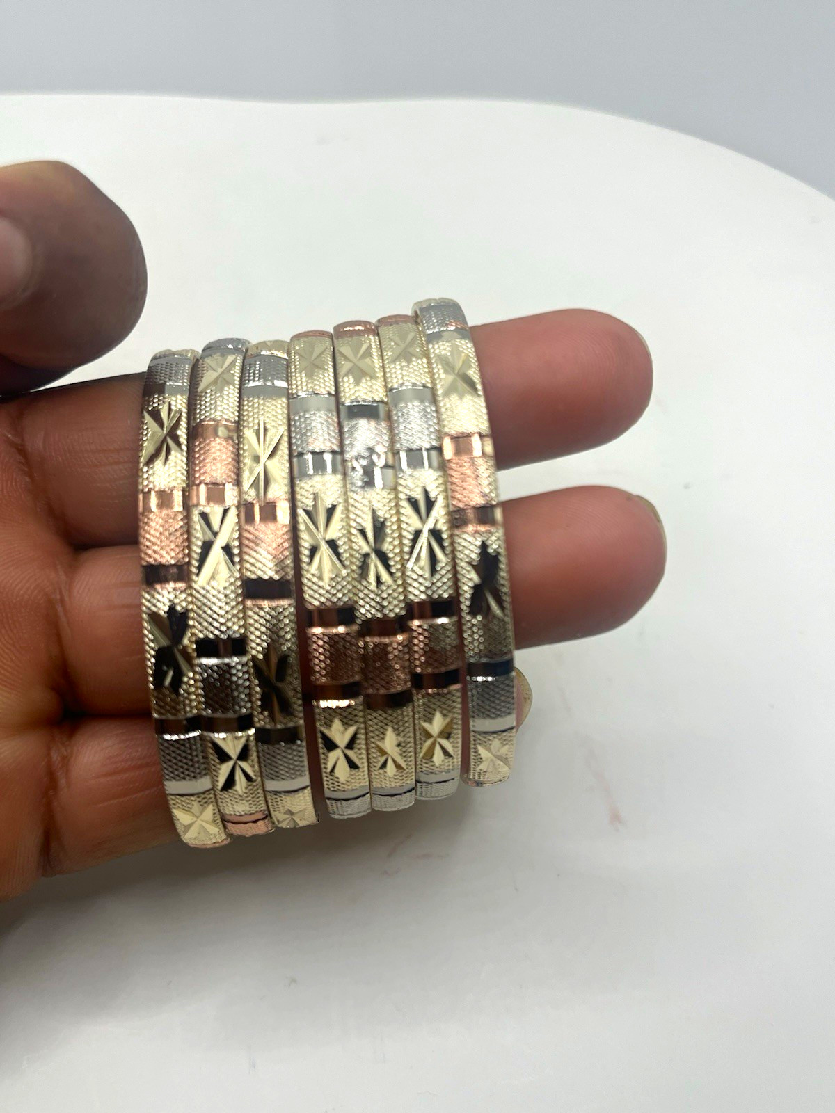 Gold filled Set of 7 tri-tone textured bangle bracelets silver gold rose tone