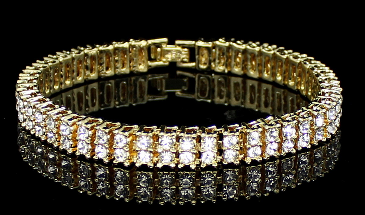 Mens Womens 2 Row Cz Tennis Bracelet 14k Gold Plated Fashion Jewelry 8 inch