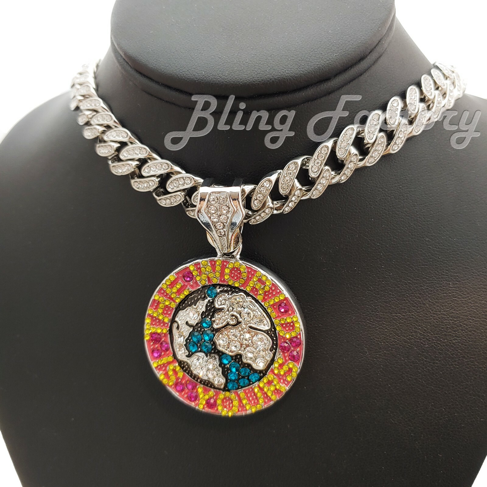 The World is Yours Pendant & 16″ 18″ 20″ 24″ Iced Cuban Box Lock Chain Necklace