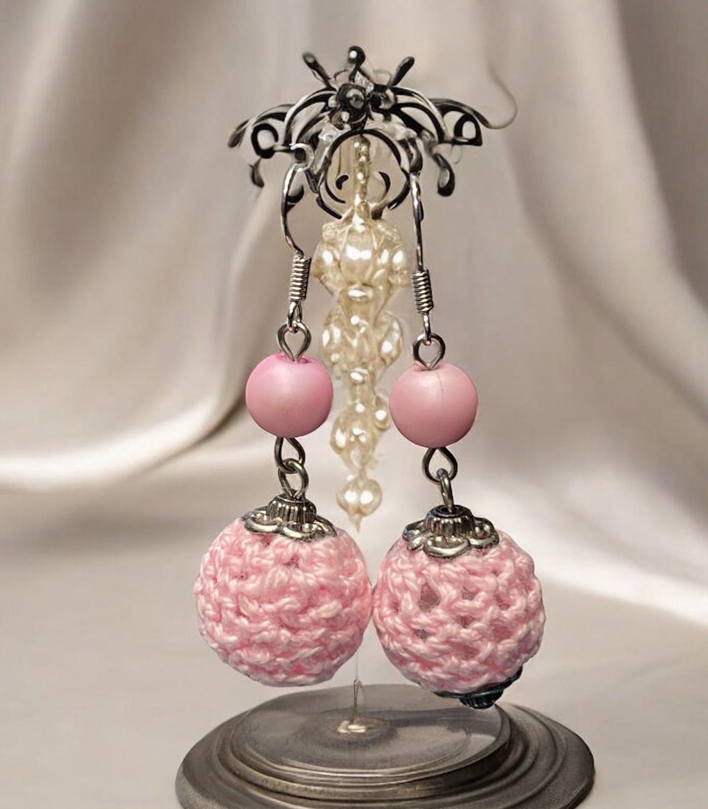 Crocheted Bead with Glass Earrings Handmade Dangle Jewelry FREE SHIPPING