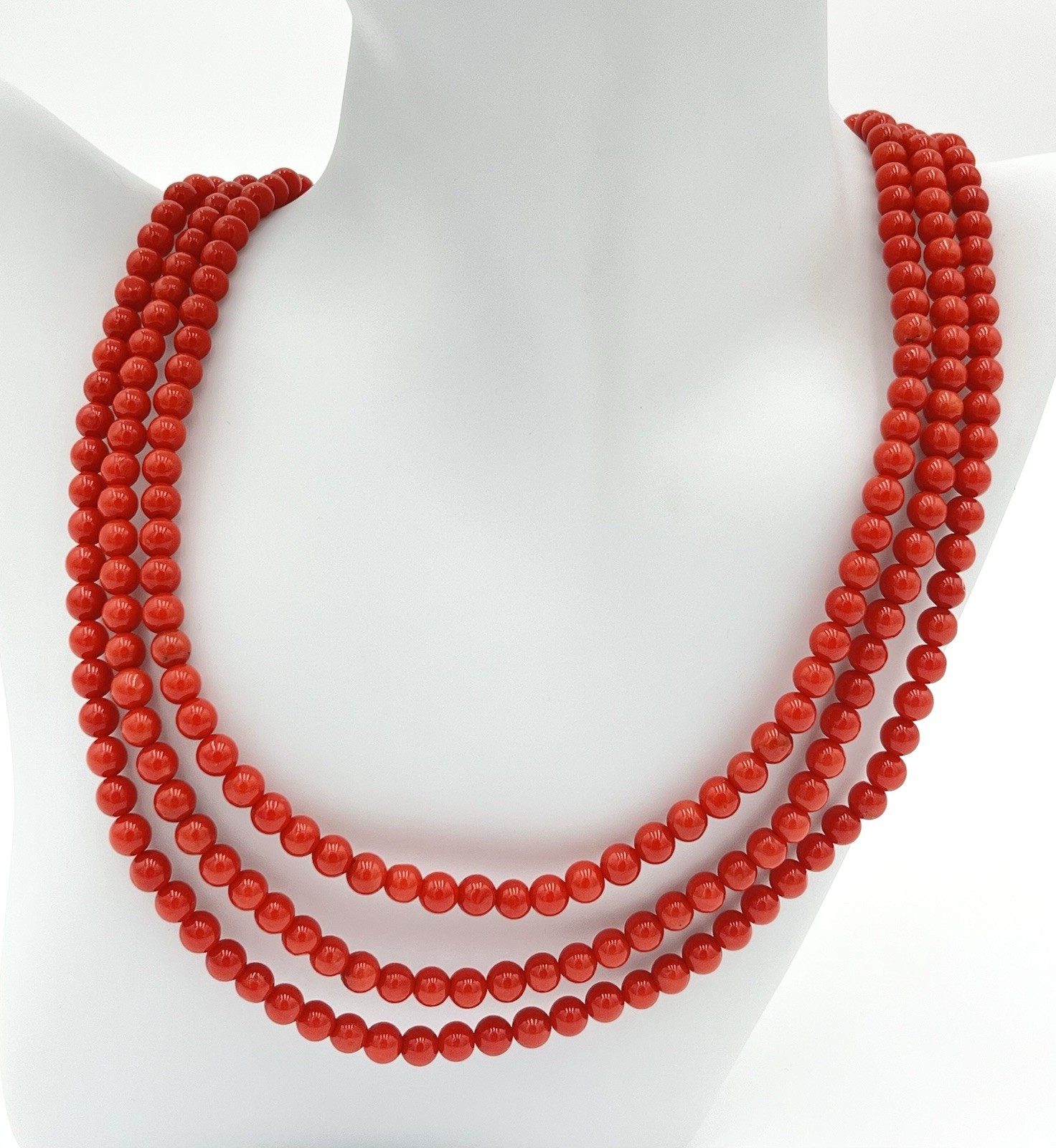 Natural Mediterranean Red Coral 3 Strand Necklace 5mm 18kt Gold 62g Made Italy