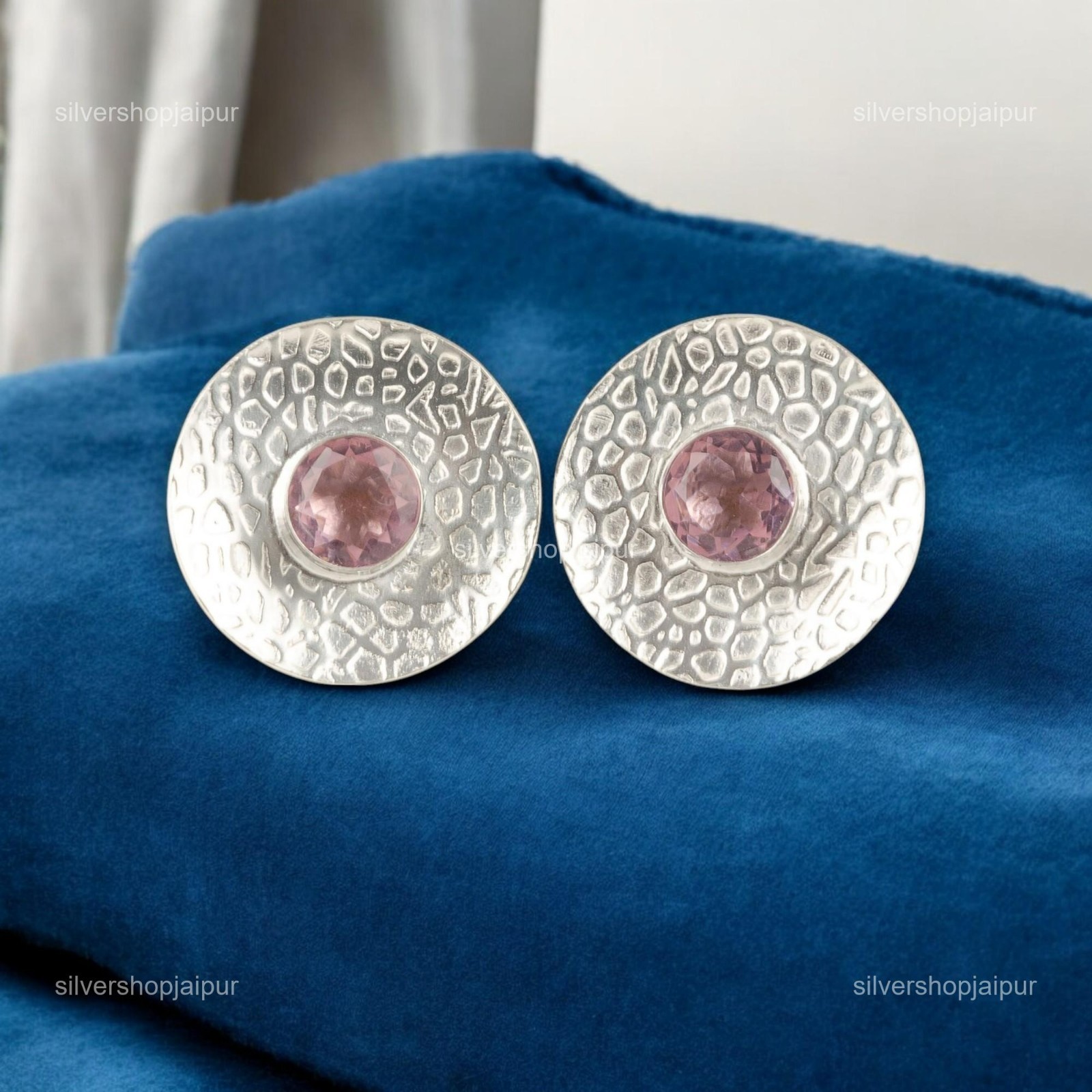 Morganite Gemstone Stud Earrings Sterling Silver Handmade Boho Jewelry 0.89″Gift