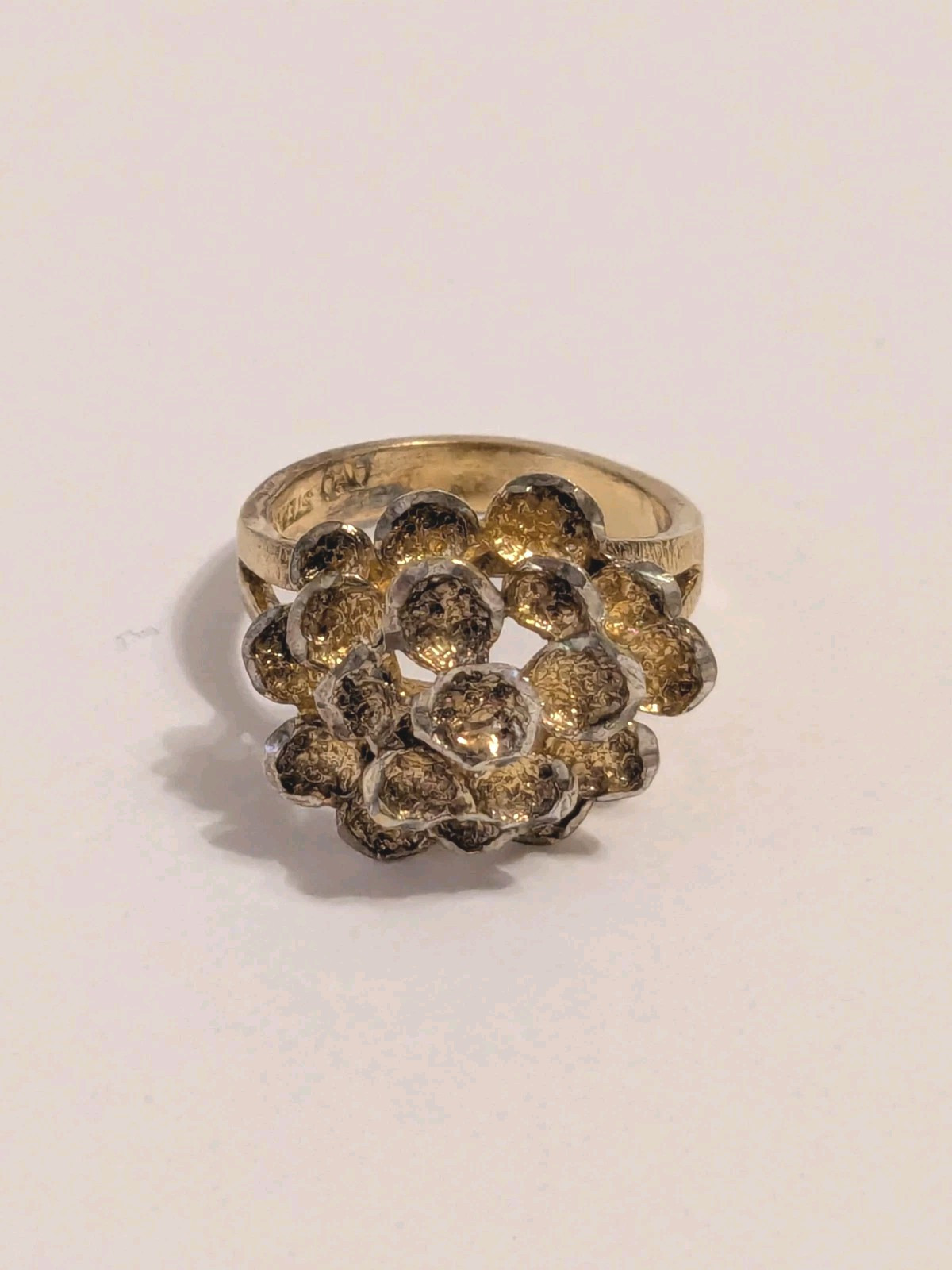 Signed M Gold Plated 925 Silver Dome Flower Nugget Style Cocktail Ring. Size 8.