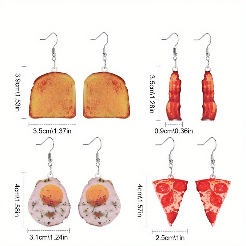 4 Pairs of Fun Acrylic Omelet, Pizza, Toast, and Bacon Food Pendant Earrings