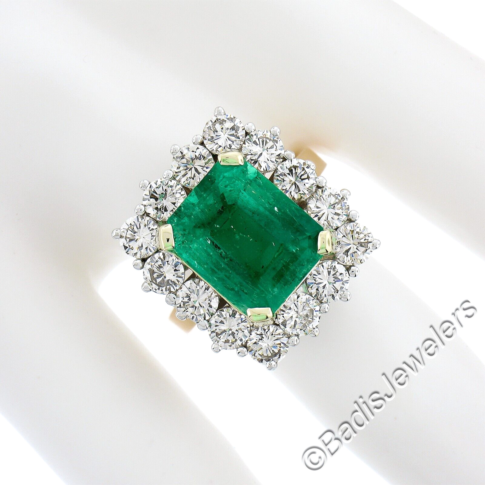 Vintage 18k Gold 7.83ctw AGL Colombian Emerald & Diamond Halo Cocktail Ring