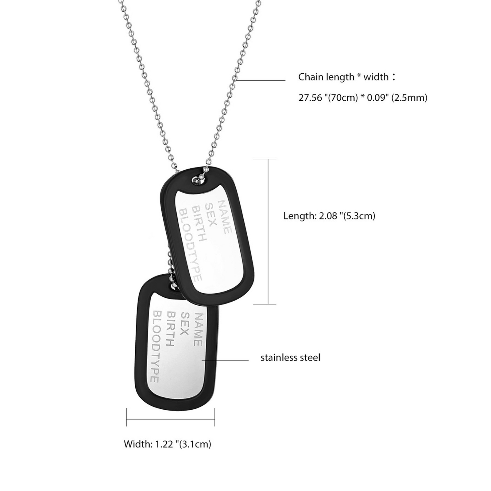 2pcs Men Army Military Stainless Steel Dog Tags Custom ID Pendant Necklace Chain