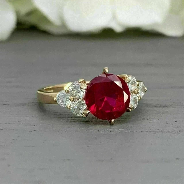 2.5Ct Round Cut Lab-Created Red Ruby Diamond Wedding 14K Yellow Gold Finish Ring