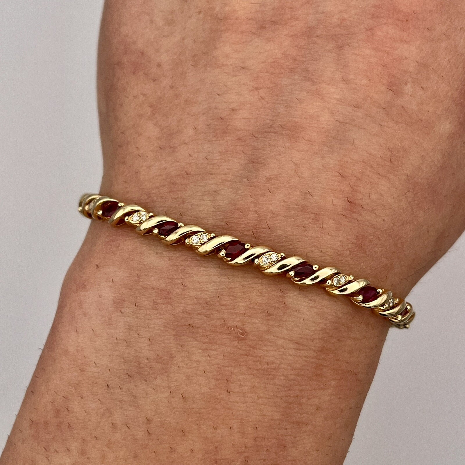 Vintage 14K Yellow Gold Ruby & Diamond Tennis Bracelet 7″ 4.5mm 11.82G