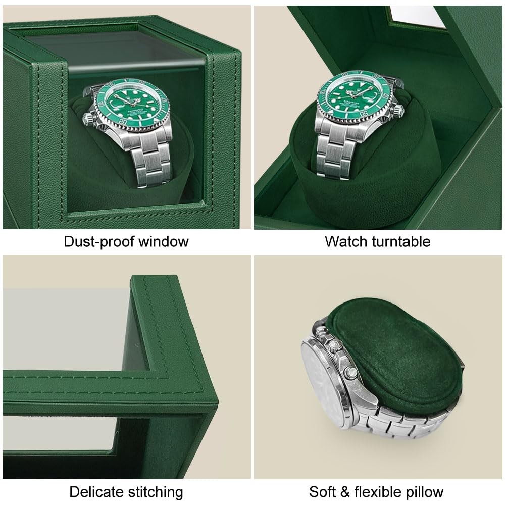 Green Automatic Watch Winder with Japanese Quiet Motor Battery/AC Powered