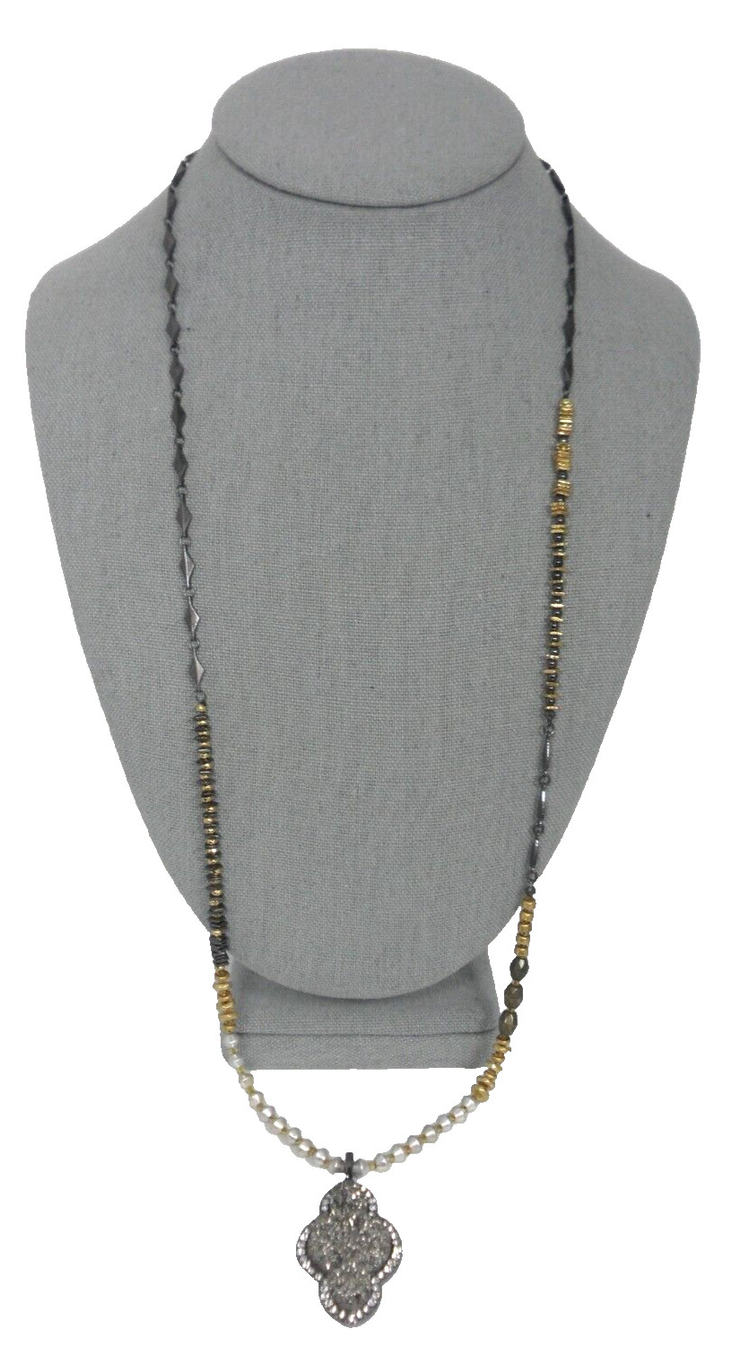 Stella Dot Relic Druzy Pendant Necklace Lavalier Sautoir Arabesque Hematite Bead