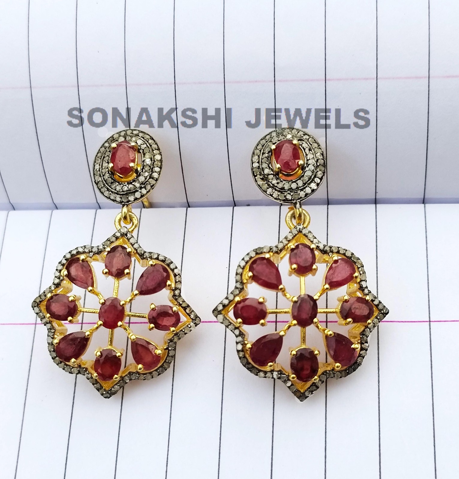 Designer Ruby Gemstone Earring Handmade Design Pave Diamond Earring