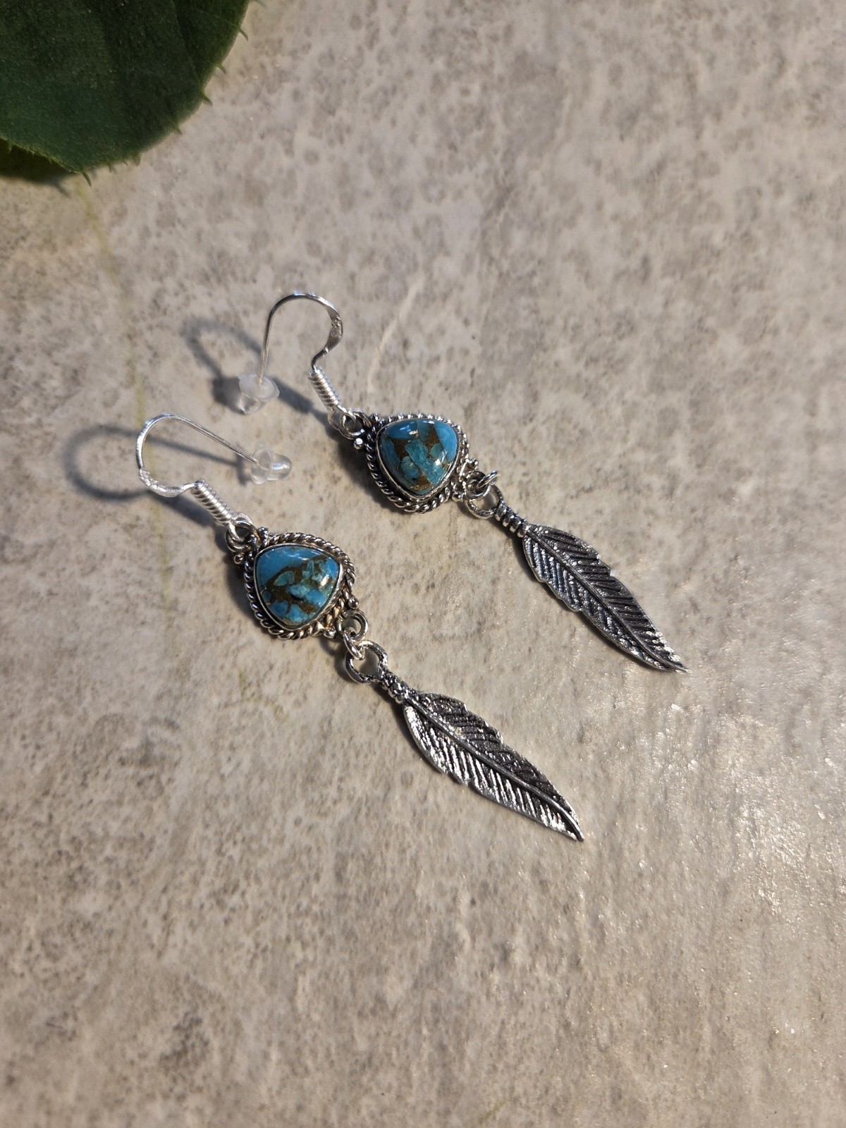 Genuine Turquoise W/ Feather Sterling Silver Dangle Earrings E20