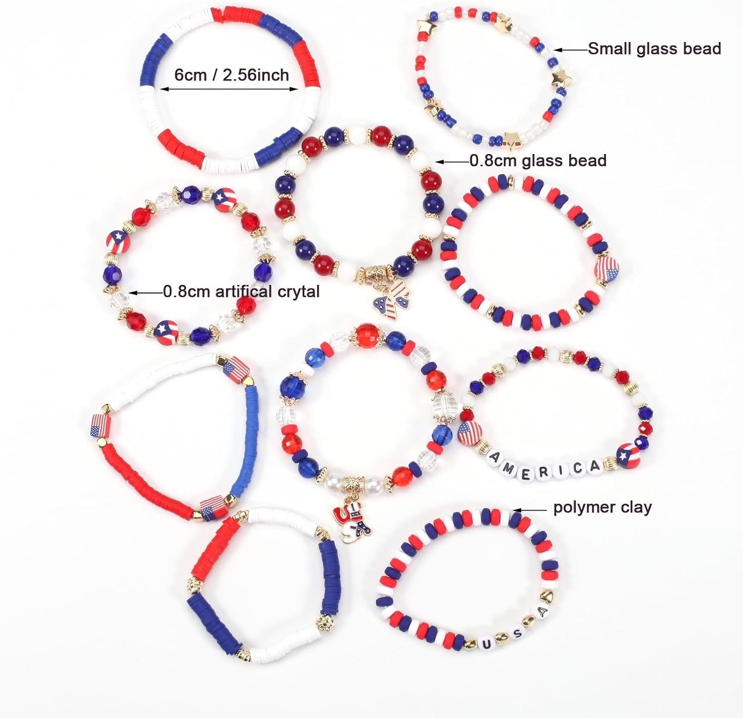 Patriotic Boho Colorful Beads & Charm Bracelets – 10 Pack