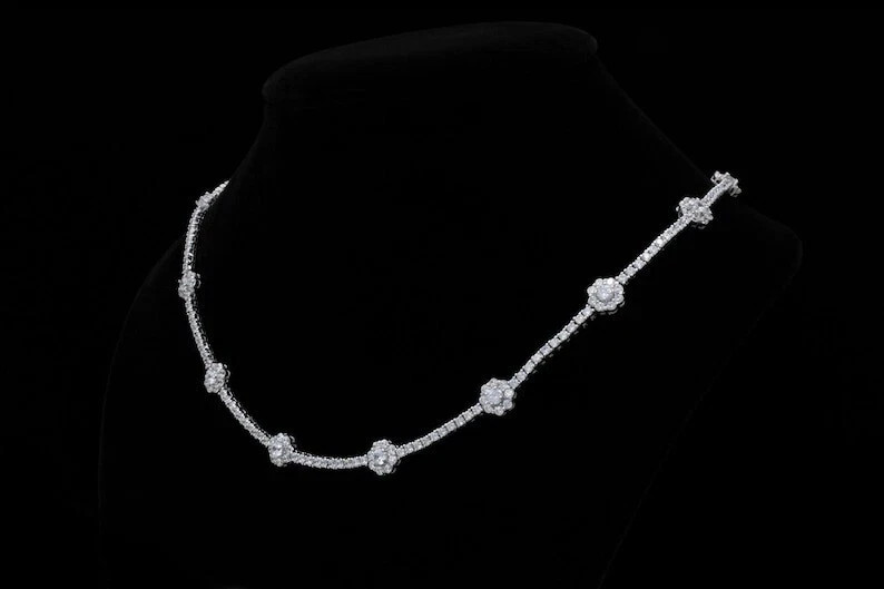 16 Ctw Lab-Created Round Diamond 14K Gold Plated Tennis Flower Necklace Women’s