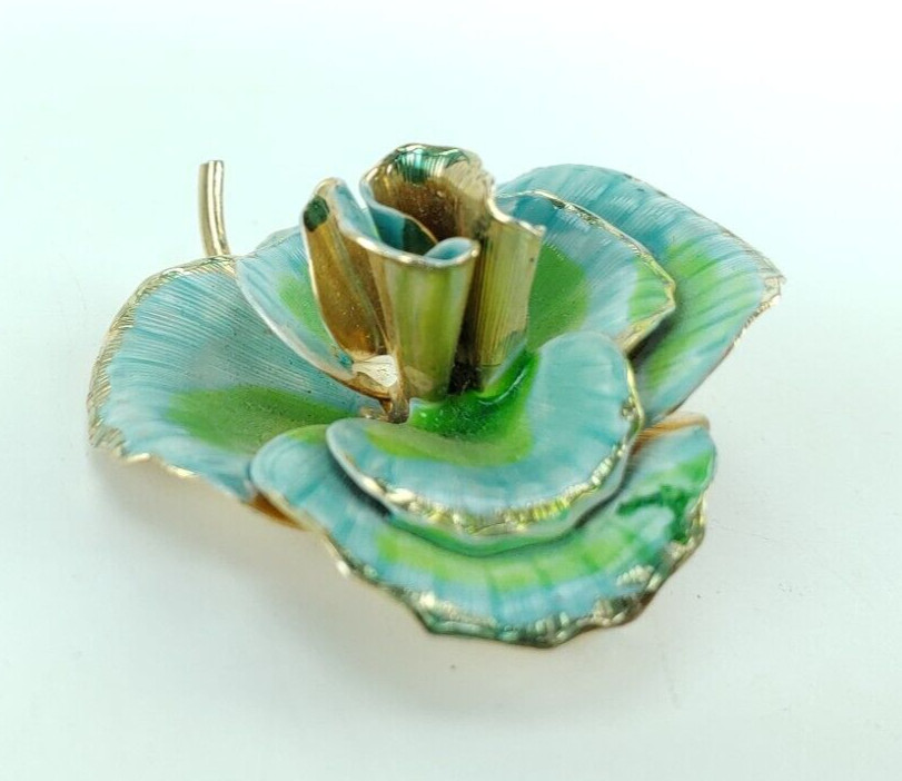 Vintage Rose Brooch Pin Women’s Jewelry Accessory Blue Green Gold Tone