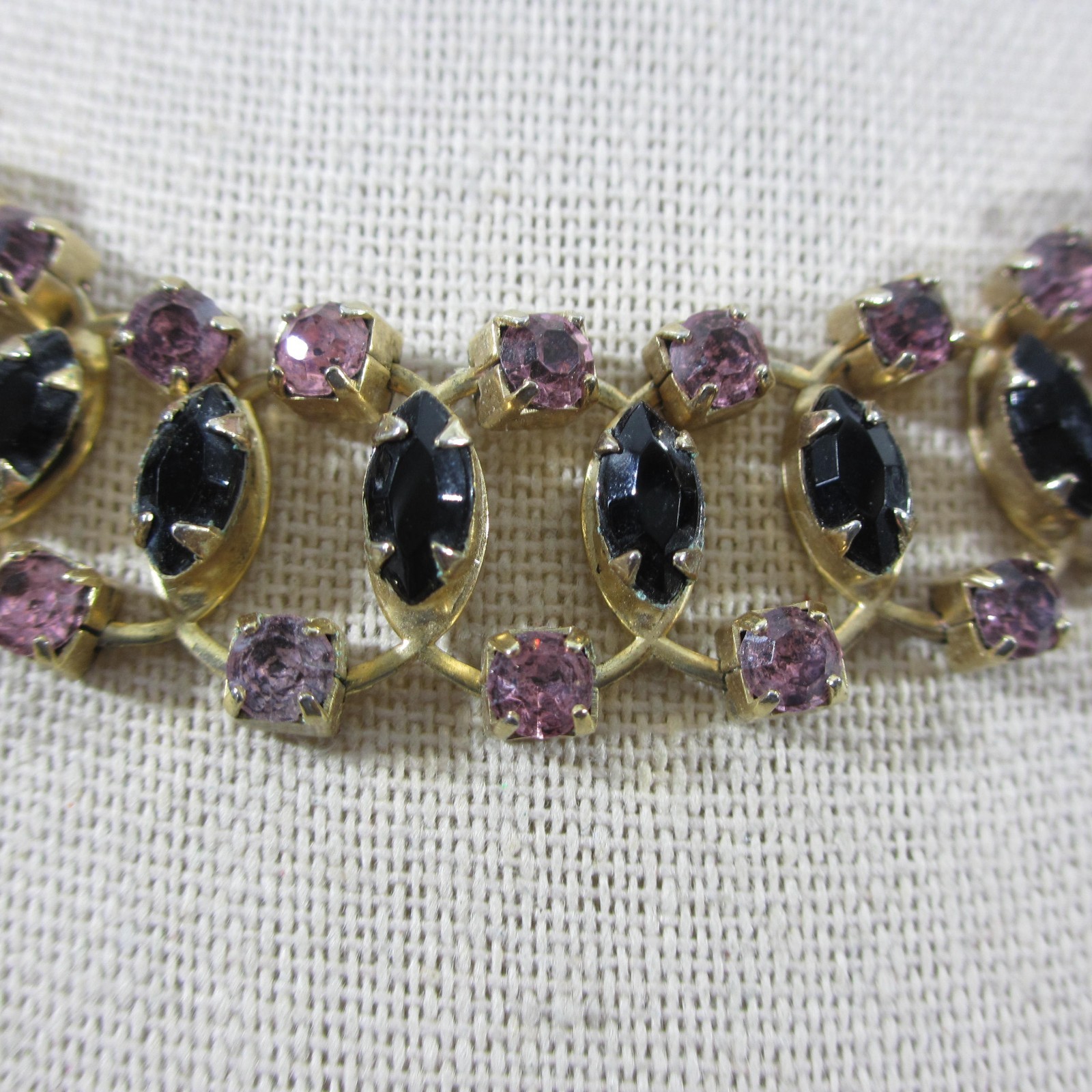 Vintage Rhinestone Necklace Purple Black Gold Tone Choker Collar 15 Inch