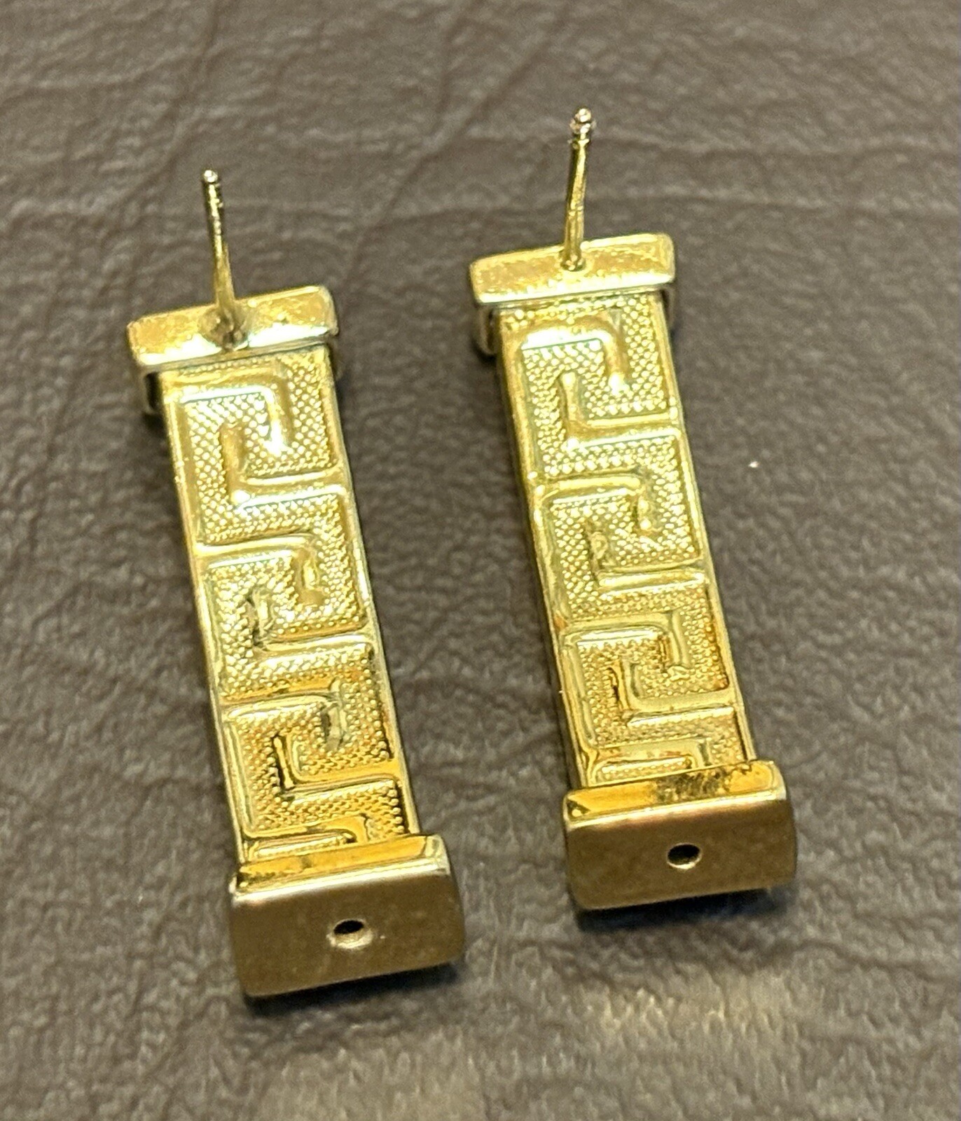 18K Yellow Gold Plated Designer Signed Greek Key Pierced Earrings