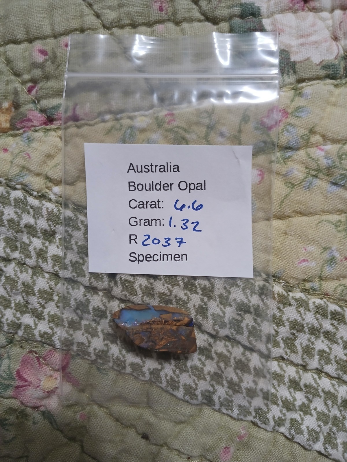 Australia Boulder Opal Unknown Field Blue Green R2037 Specimen 6 Carat