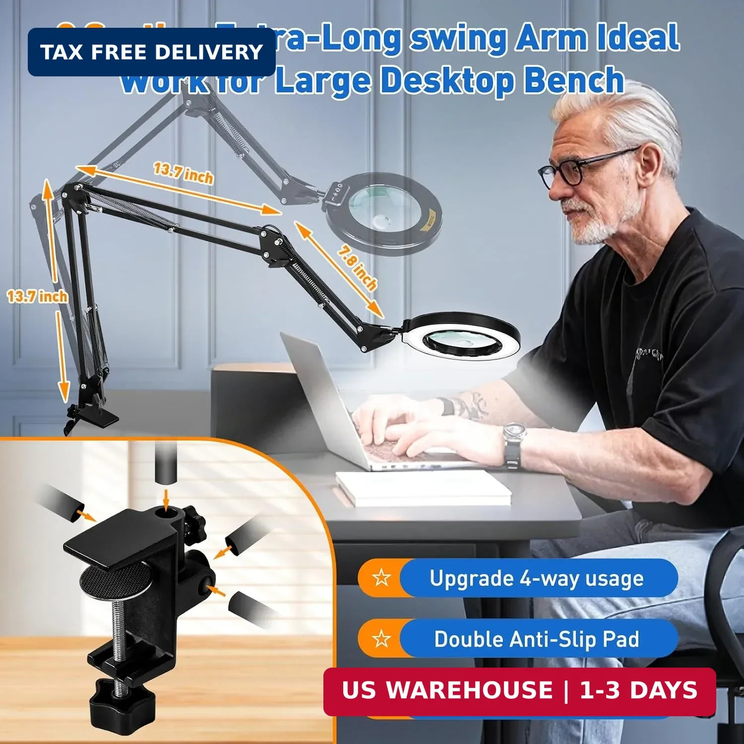 Ultra Long 3-Section Swing Arm 12X 30X Magnifying Glass with Light | 4-Way Large