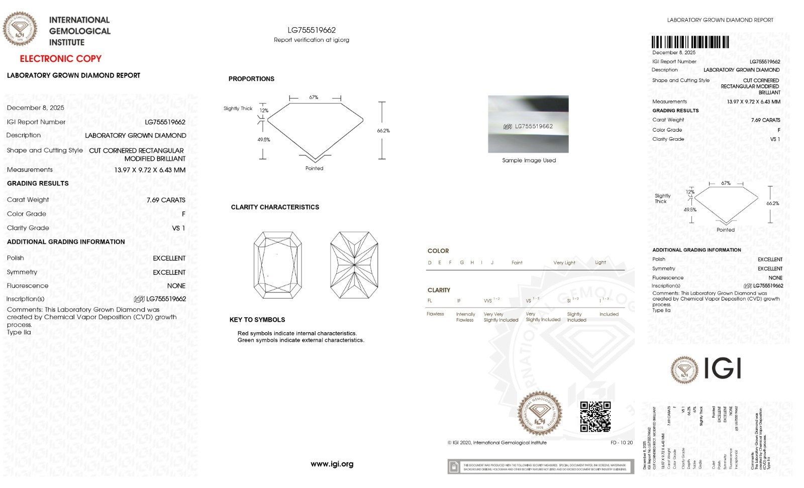 7.69 Cts RADIANT Cut IGI Certified Lab Grown CVD Diamond F Color VS1 Clarity