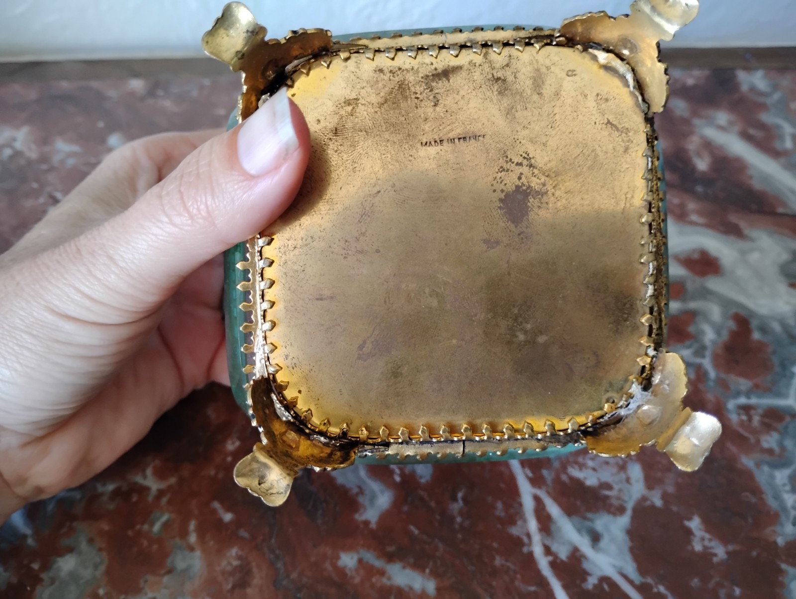 Antique French Beveled Glass and Ormolu Casket Jewelry Box Gold Floral