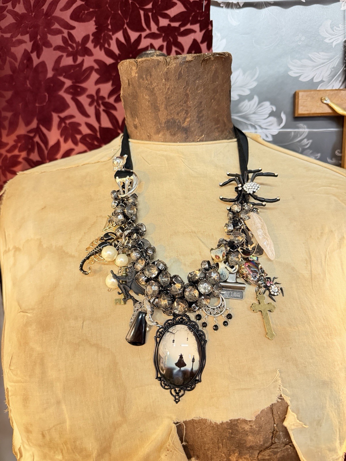 Handmade Gothic Statement Necklace Cross Spider Cameo Witchy Victorian OOAK